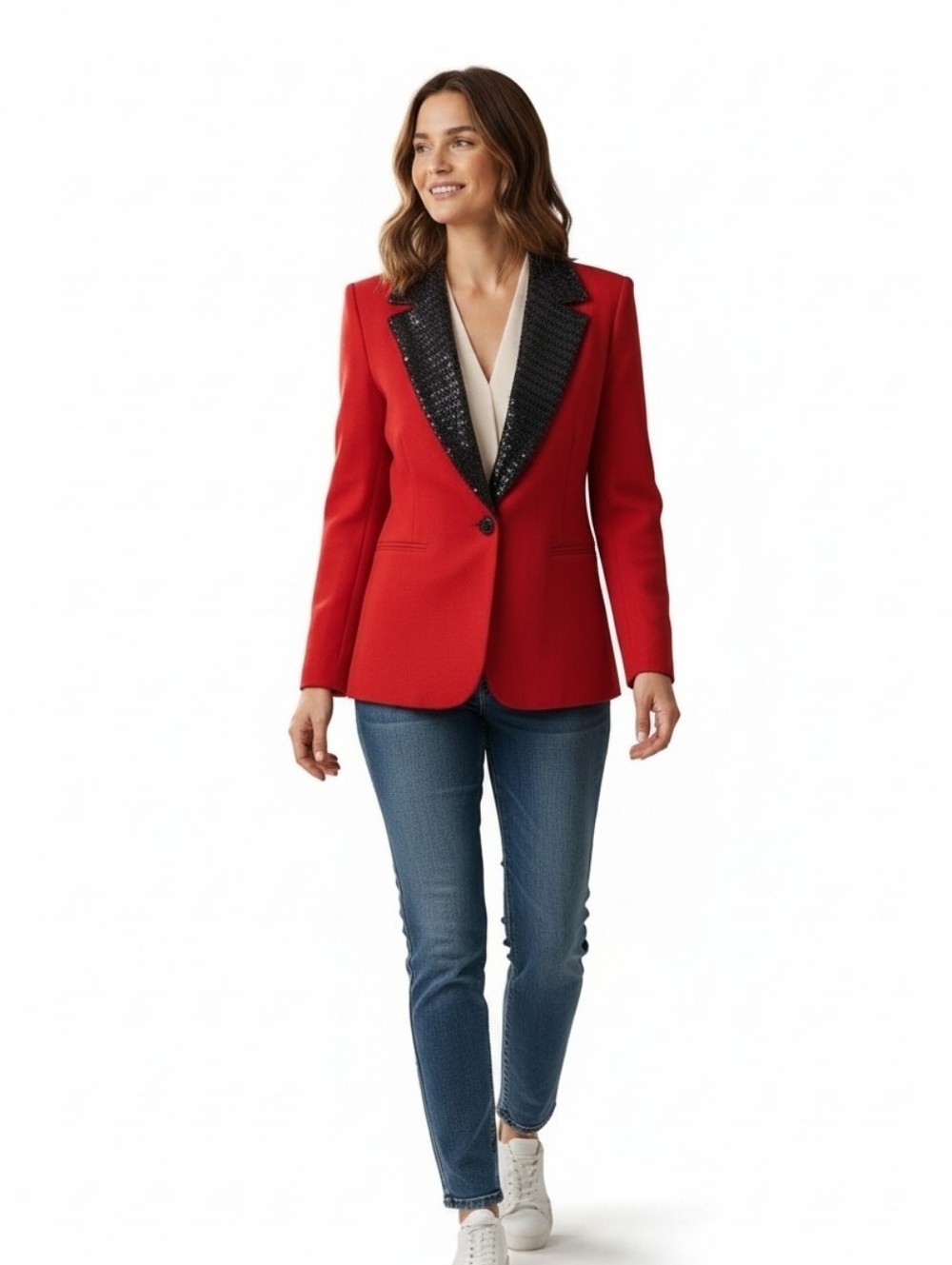 Vintage Toula Two Button Cardigan Jacket Red Knit Black Sequin Collar Womens 10